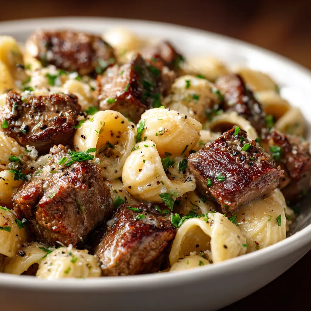 Garlic Butter Steak Bites: The Ultimate 15-Minute Recipe 1 A step-by-step process shot showing steak bites being seared in a hot cast-iron skillet before the garlic butter is added.