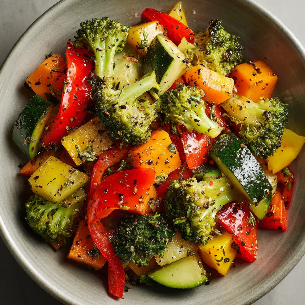 A spoonful of the easy vegetable side dish, showcasing the perfectly cooked and seasoned pieces of zucchini, carrots, and broccoli.