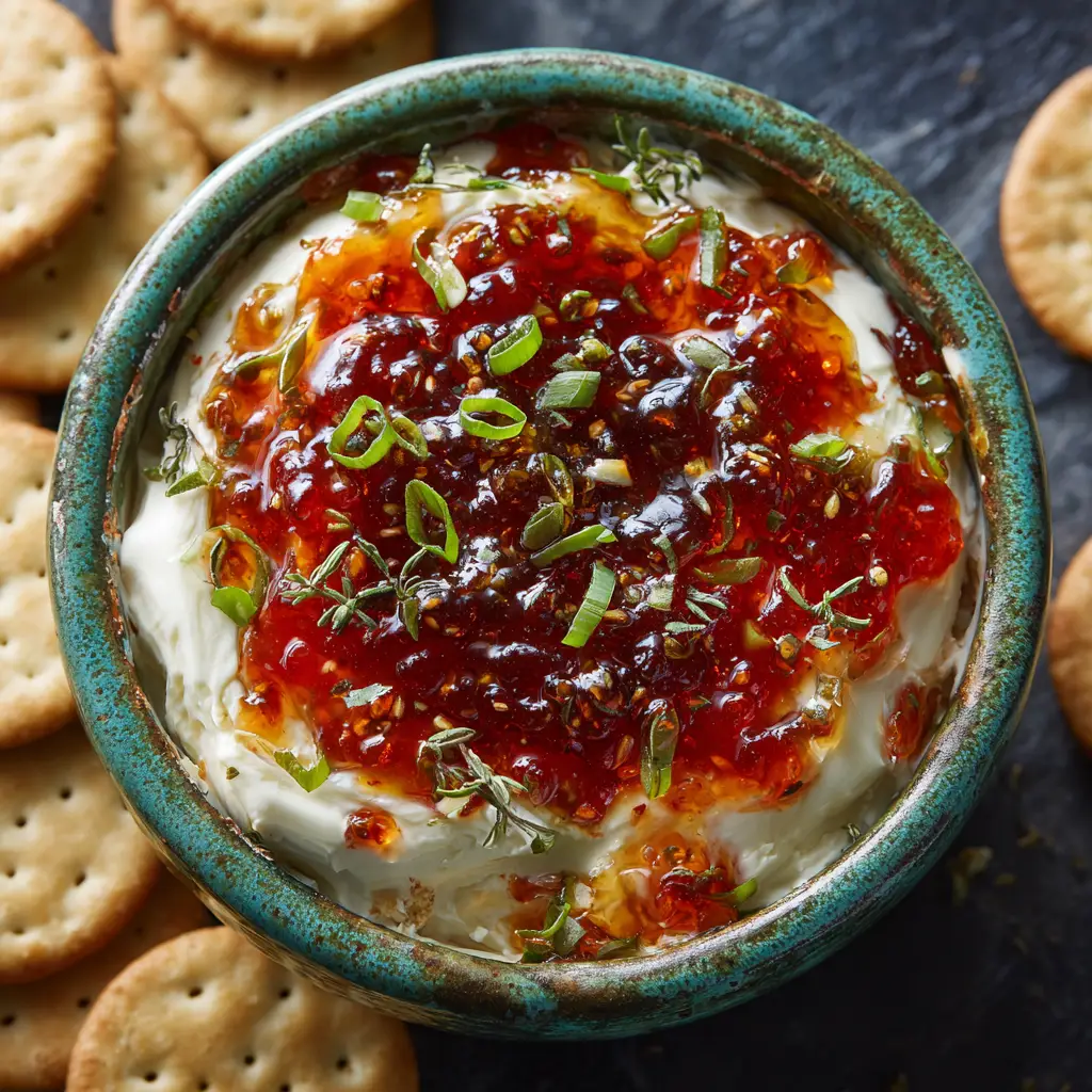 Pepper Jelly Dip: The Easiest 3-Ingredient Appetizer 1 A platter of spicy cream cheese dip served with an assortment of crackers, fresh vegetables, and toasted baguettes.