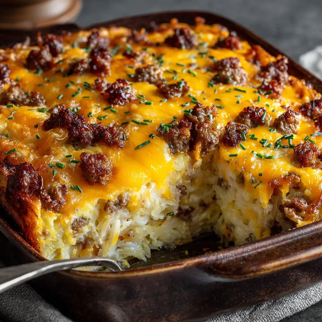 A spatula lifting a slice of the easy breakfast casserole from the baking dish, revealing the creamy layers inside.