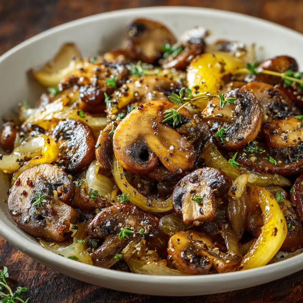 A final dish of Sautéed Mushrooms and Onions in a serving bowl, ready to be used as a topping for steak.