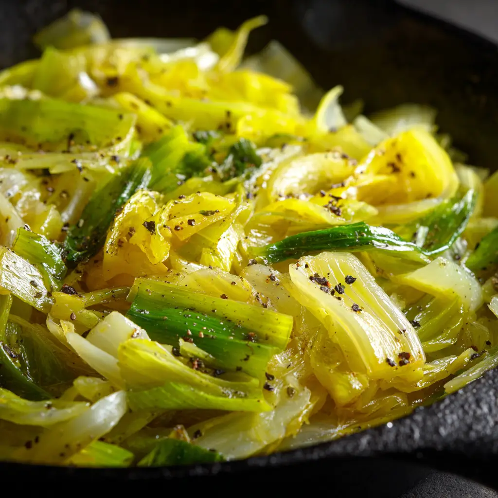 Sautéed Leeks (The Perfect Buttery Side Dish) 1 A spoonful of cooked leeks being lifted from a skillet, showcasing the simple leek side dish ready to be served.