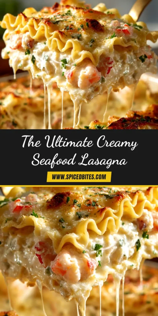 A delicious slice of creamy Shrimp and Crab Lasagna on a white plate, showcasing layers of pasta, seafood, and melted cheese. The perfect seafood lasagna recipe for dinner.