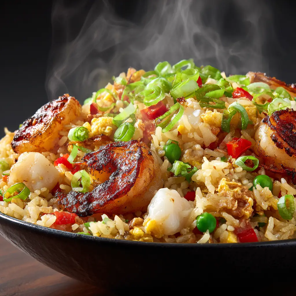 Seafood Fried Rice (The Ultimate Foolproof Recipe) 1 Another perspective on a bowl of glistening seafood fried rice, with chopsticks resting on the side, ready to eat.