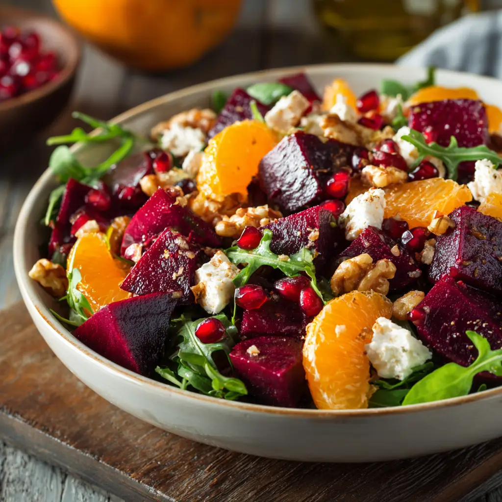 Beet Salad Recipe with Goat Cheese & Balsamic Vinaigrette 1 A bowl of simple beet salad with a balsamic vinaigrette dressing being drizzled over the top. Shows the key ingredients before tossing.