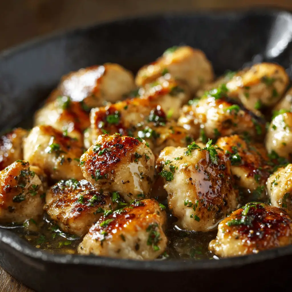 Garlic Herbed Chicken Bites (Quick & Juicy Recipe!) 1 A skillet full of golden brown garlic herb chicken bites, ready to serve.