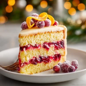 A perfect slice of moist orange cake with cranberry filling on a white plate. The layers of cake, cranberry, and cream cheese frosting are clearly visible.