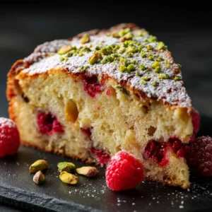 Raspberry Ricotta Cake (The Best, Easiest Recipe!) 4 A generous slice of moist ricotta cake with raspberries on a white plate, showcasing its tender and creamy crumb.