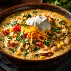 An extreme close-up overhead shot of a rustic bowl filled with creamy slow cooker white chicken chili, showcasing the shredded chicken and white beans.