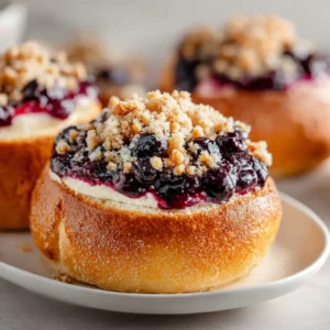 An extreme close-up of a golden-brown baked Blueberry Cheesecake Brioche Bun, showing the pillowy texture of the brioche dough.