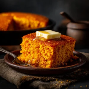 Sweet Potato Cornbread: The Ultimate Moist & Easy Recipe 4 A square slice of Southern sweet potato cornbread on a rustic surface, ready to be served.