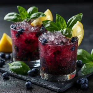 Blueberry Mocktail (Refreshing & Easy Recipe) 4 Two glasses of a sparkling blueberry non-alcoholic drink, showing off its beautiful vibrant purple color.