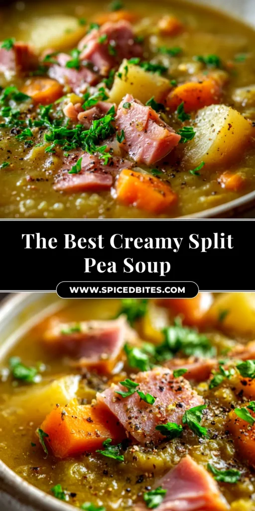 Split Pea and Ham Soup (The Ultimate Comfort Food Recipe) 3 A large white bowl filled with thick, hearty split pea and ham soup, garnished with fresh parsley. A spoon rests in the bowl, ready to eat.