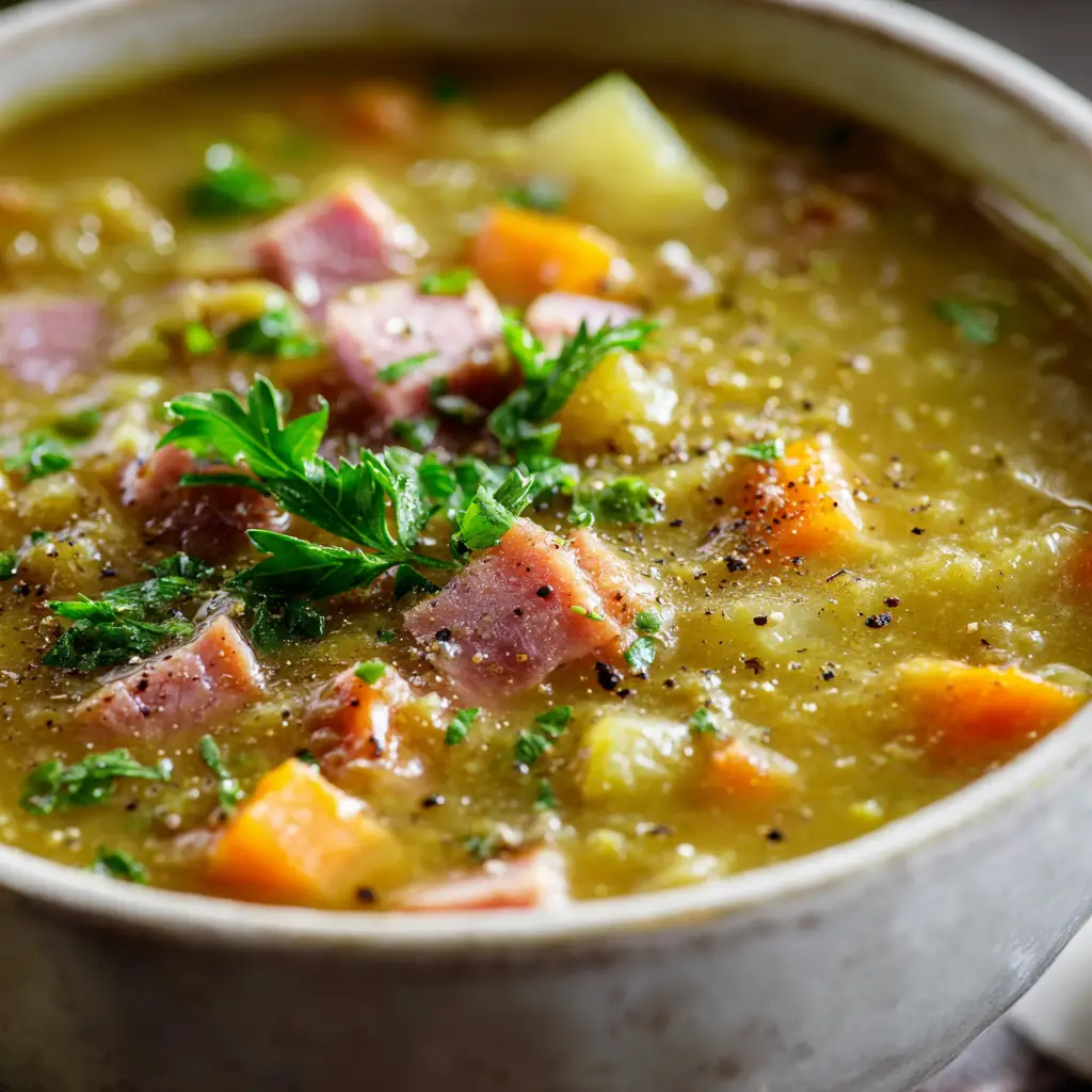Split Pea and Ham Soup (The Ultimate Comfort Food Recipe) 1 A spoonful of split pea and ham soup being lifted from a bowl, showing the tender shredded ham and soft split peas.