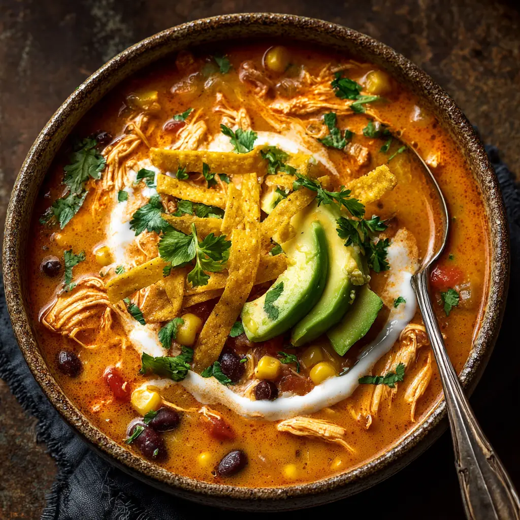 Creamy Chicken Tortilla Soup (The Easiest Recipe!) 1 A spoonful of creamy tortilla soup being lifted from a bowl, showing the corn, beans, and rich broth.