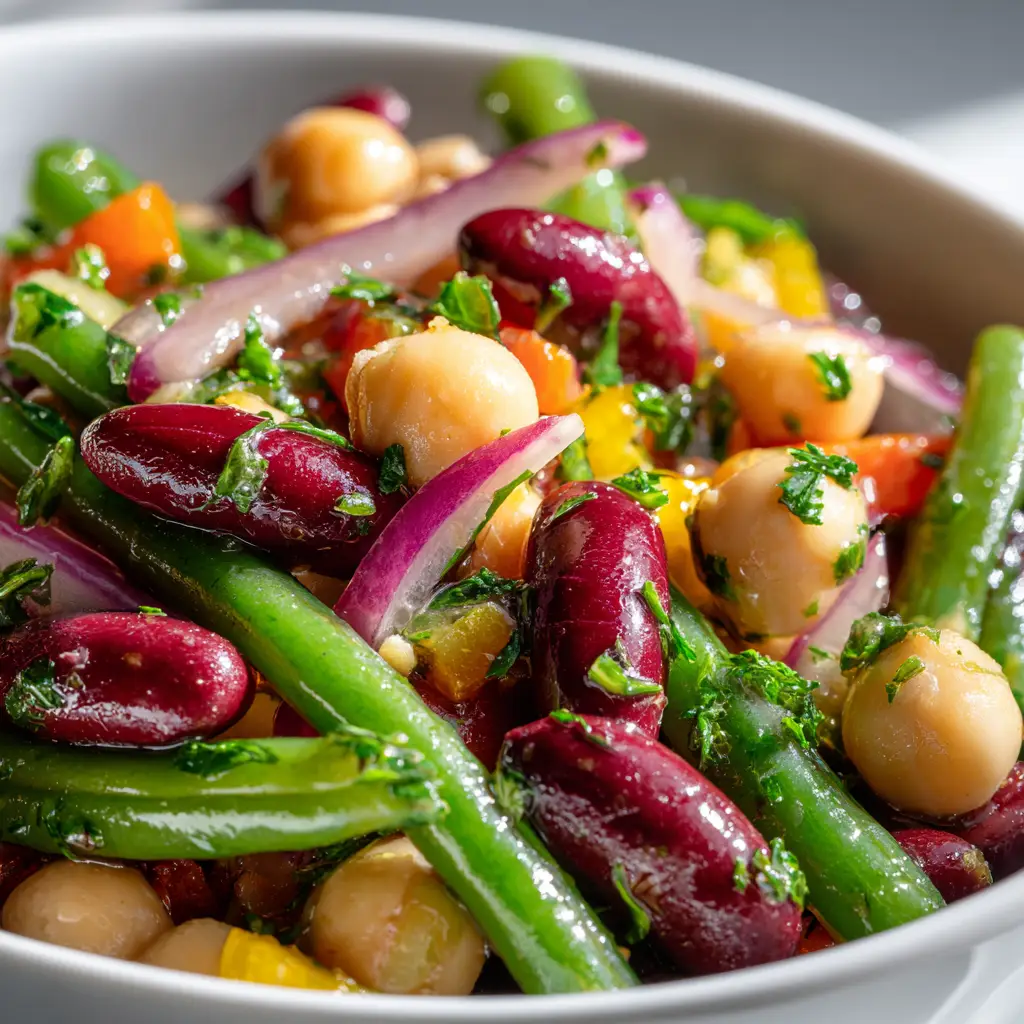 Three Bean Salad Recipe (Classic & Easy) 1 A spoonful of homemade three bean salad, highlighting the simple vinaigrette and mix of beans.