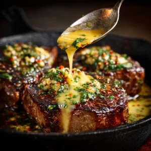 Cowboy Butter Sauce: The Ultimate Recipe for Steak, Chicken, and More 4 An extreme close-up of a perfectly seared steak sliced open, with a generous drizzle of homemade cowboy butter sauce on top.