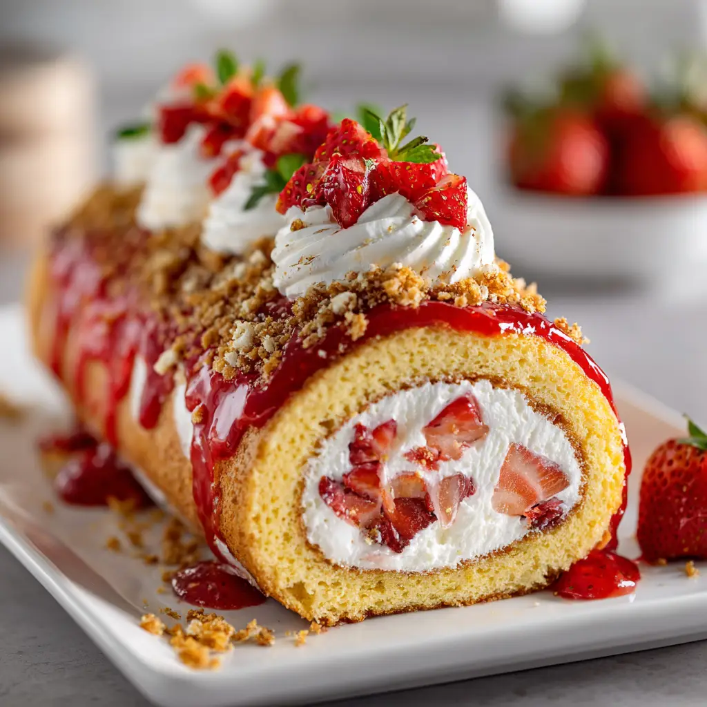 Strawberry Shortcake Cheesecake: The Ultimate Creamy & Crunchy Dessert 1 The process of sprinkling the strawberry shortcake crunch topping over the cheesecake. This image shows the texture of the crumble and fresh strawberries.
