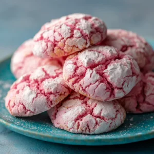 Cake Mix Cool Whip Cookies (The Easiest 3-Ingredient Recipe!) 4 A macro shot of a single pink strawberry crinkle cookie made with cake mix and Cool Whip, highlighting its soft texture.
