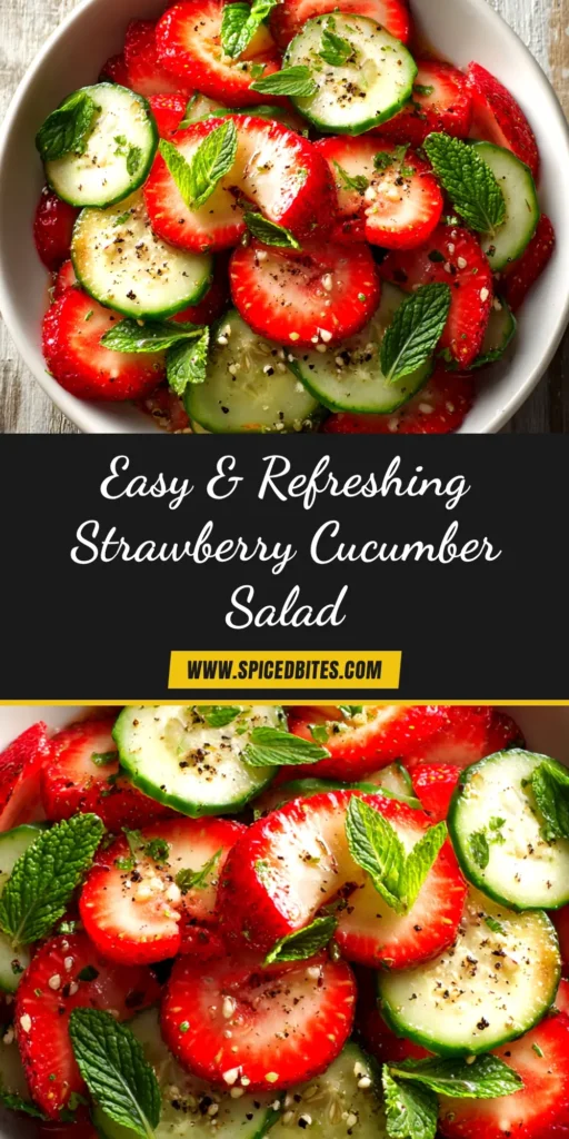 Strawberry Cucumber Salad with Feta and Mint 3 A vibrant overhead shot of a Strawberry Cucumber Salad with feta and mint in a white serving bowl, ready to be shared. The perfect refreshing summer salad recipe.