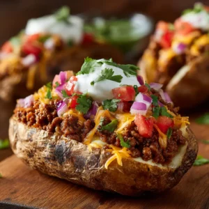 Loaded Potato Taco Bowls: The Ultimate Weeknight Dinner 3 An extreme close-up shot of a taco baked potato, highlighting the fluffy texture of the potato and the savory ground beef filling.
