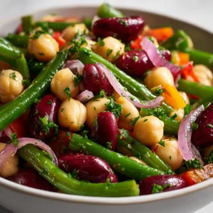 Three Bean Salad Recipe (Classic & Easy) 4 An extreme close-up shot showing the texture of a classic bean salad with green beans, wax beans, and kidney beans in a tangy dressing.