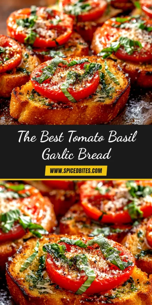 Tomato Basil Garlic Bread: The Ultimate Cheesy Appetizer 3 A delicious loaf of Tomato Basil Garlic Bread, sliced and ready to serve. The cheesy topping is golden brown and bubbly, showcasing fresh tomatoes and basil.