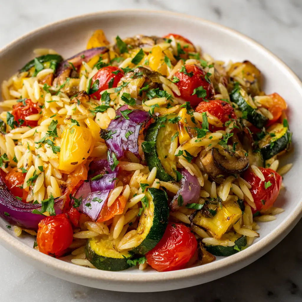Roasted Vegetable Orzo: A Simple & Flavorful Weeknight Meal 1 A large serving bowl of roasted veggie orzo being tossed with a simple lemon vinaigrette.