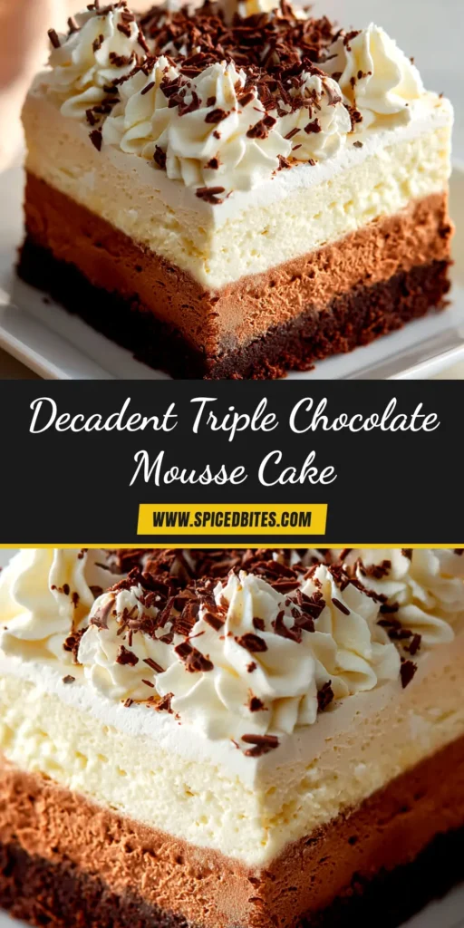 Triple Chocolate Mousse Cake: A Decadent Layered Dessert 3 A stunning slice of triple chocolate mousse cake on a white plate, showcasing three distinct layers of dark, milk, and white chocolate mousse with a chocolate cookie crust.