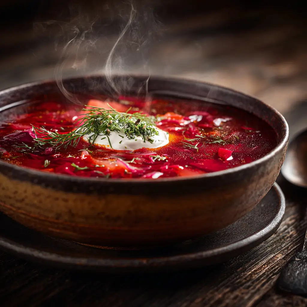 Borscht Recipe (Classic Ukrainian Beet Soup) 1 A spoonful of beet soup being lifted from a bowl, showing the tender beef, potatoes, and cabbage in the rich, red broth of this borscht recipe.