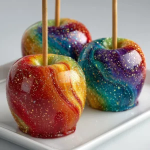 Rainbow Candy Apples: A Fun & Easy Recipe 4 Three glossy rainbow candy apples sitting on a white plate, showcasing the vibrant swirls of color from the hard candy coating.