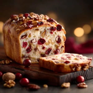 A whole, freshly baked loaf of cranberry walnut bread cooling on a wire rack, showcasing its golden-brown crust.