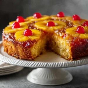 Pineapple Upside-Down Cake: A Foolproof Recipe for a Classic Dessert 4 A whole, freshly baked Pineapple Upside-Down Cake on a serving platter, topped with glistening pineapple rings and maraschino cherries.