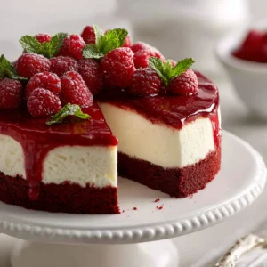 Red Velvet Cheesecake Recipe (The Ultimate Guide) 3 A whole red velvet cheesecake with cream cheese frosting on a cake stand. This image showcases the complete dessert from our foolproof red velvet cheesecake recipe.