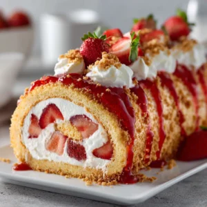 Strawberry Shortcake Cheesecake: The Ultimate Creamy & Crunchy Dessert 4 A whole strawberry shortcake cheesecake on a white platter, ready to be sliced. The cheesecake is topped with fresh strawberries and a golden-red strawberry crunch topping.