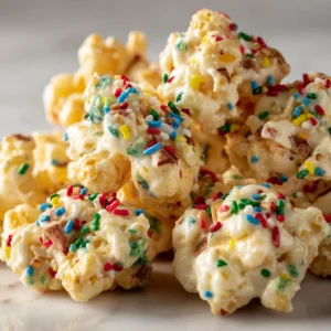 Almond Bark Puffcorn: The Easiest, Most Addictive Snack You'll Ever Make 4 A close-up view of a pile of white chocolate puffcorn, showing the crunchy texture and smooth almond bark coating.