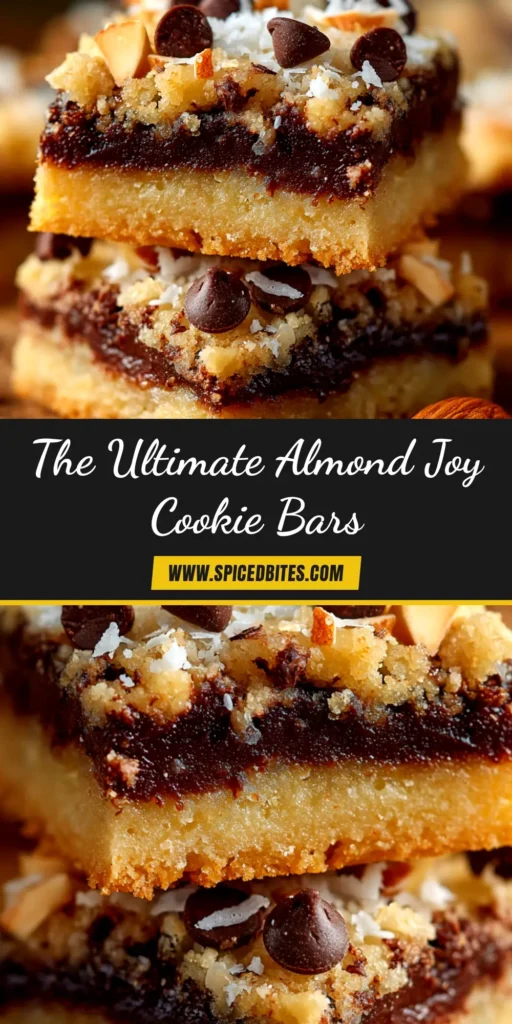 Almond Joy Cookie Bars: The Ultimate Chewy & Gooey Treat 3 A stack of Almond Joy Cookie Bars on a plate, showing layers of shortbread, chewy coconut, and a rich chocolate topping with whole almonds.
