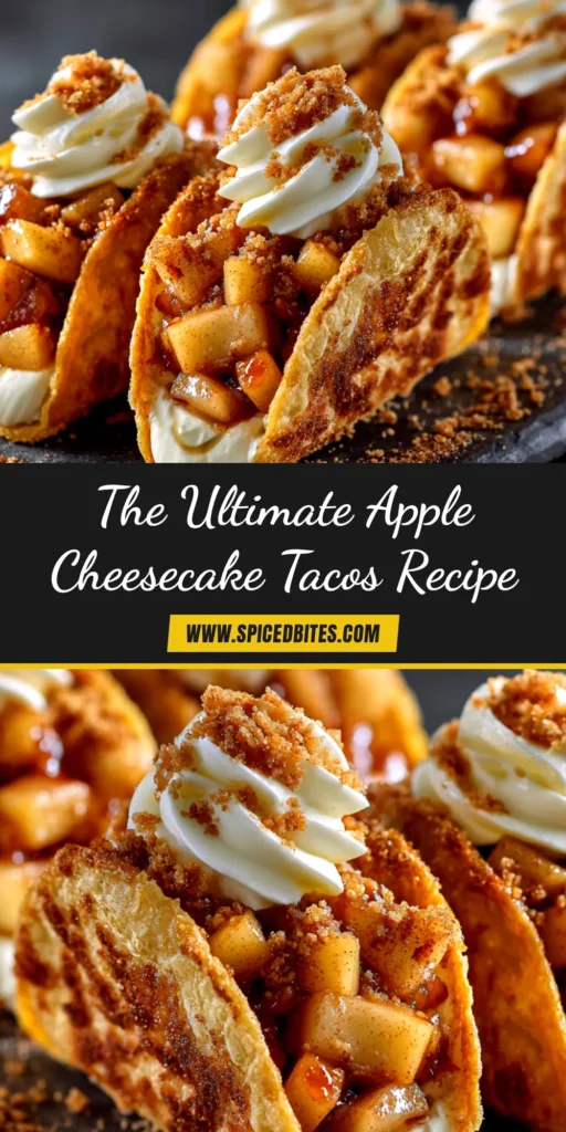 Apple Cheesecake Tacos: The Ultimate Dessert Mashup 4 A close-up shot of three crispy Apple Cheesecake Tacos arranged on a plate, topped with apple filling and a caramel drizzle.