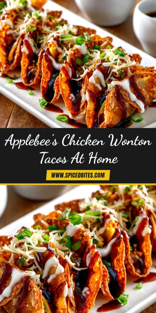 Applebee's Chicken Wonton Tacos (Copycat Recipe) 3 A platter of crispy Applebee's Chicken Wonton Tacos, filled with seasoned chicken and topped with a fresh Asian slaw and cilantro.