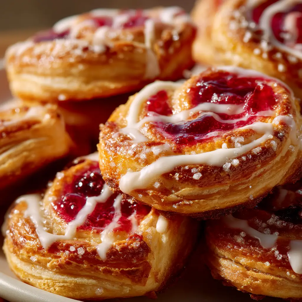 The process of assembling a cream cheese danish with raspberry preserves before baking.