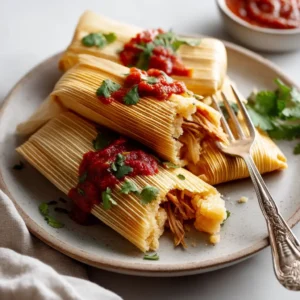 Homemade Tamales Recipe: A Foolproof Step-by-Step Guide 3 A close-up shot of three authentic homemade tamales, unwrapped from their corn husks to reveal the tender masa and savory pork filling.