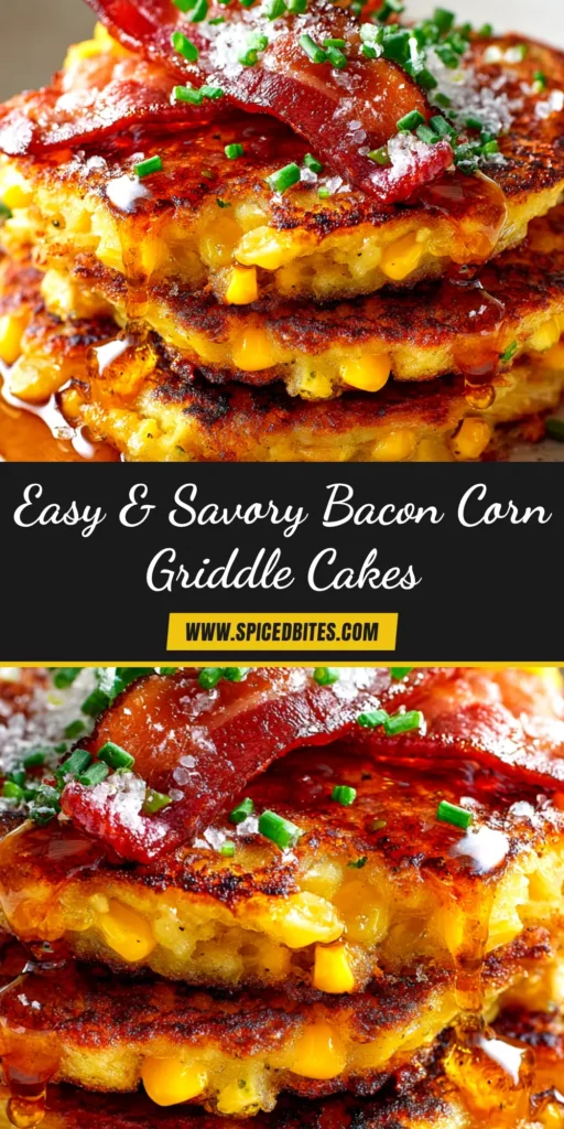 A delicious stack of Bacon Corn Griddle Cakes on a white plate, topped with a pat of melting butter and drizzled with maple syrup. The griddle cakes are golden brown, showing pieces of bacon and corn.