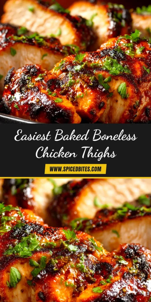 Juicy and delicious baked boneless chicken thighs arranged on a platter. This easy recipe is perfect for a quick weeknight dinner and creates the most flavorful oven-baked chicken.