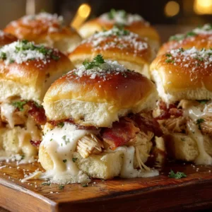 A 9x13 baking dish filled with golden-brown chicken bacon ranch sliders fresh from the oven, ready to be served.