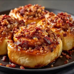 Maple Bacon Cinnamon Rolls: The Ultimate Sweet & Savory Treat 4 A fresh batch of Maple Bacon Cinnamon Rolls cooling in a baking dish, generously covered in a creamy maple frosting and bacon bits.
