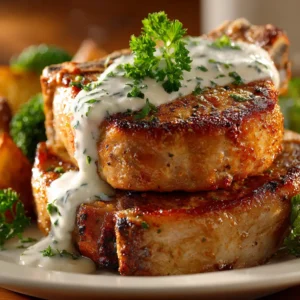 Ranch Pork Chops (Easy, Juicy, and Delicious!) 3 An extreme close-up of two thick, bone-in baked ranch pork chops, showing the savory, textured seasoning crust.