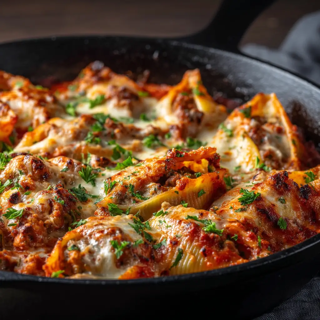 Sausage Stuffed Shells with Ricotta and Marinara 1 The baking dish of sausage stuffed shells fresh out of the oven, with bubbly marinara sauce and golden-brown melted cheese.
