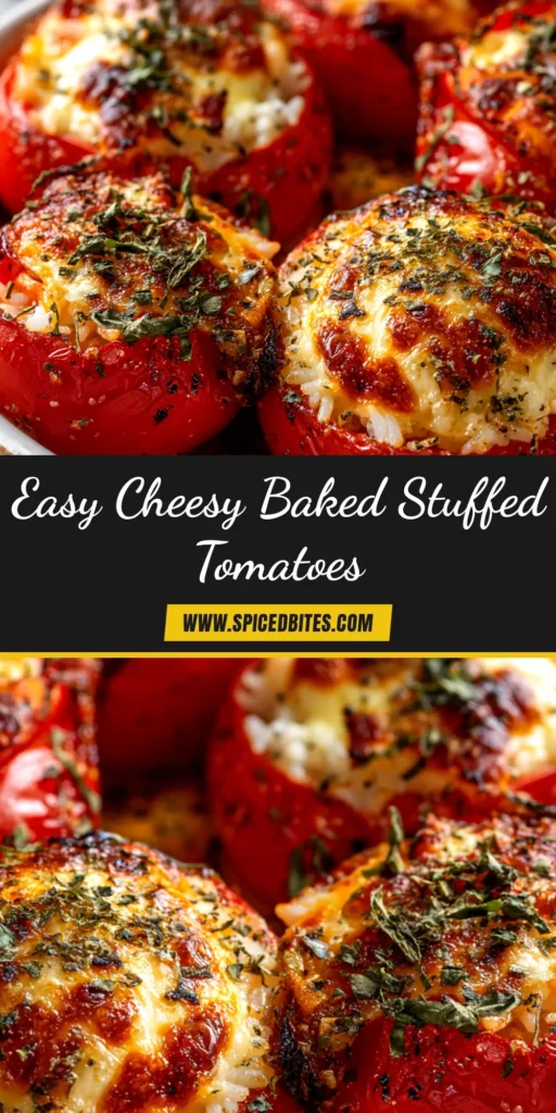 An overhead shot of four delicious baked stuffed tomatoes in a rustic baking dish, topped with golden-brown breadcrumbs and fresh herbs.