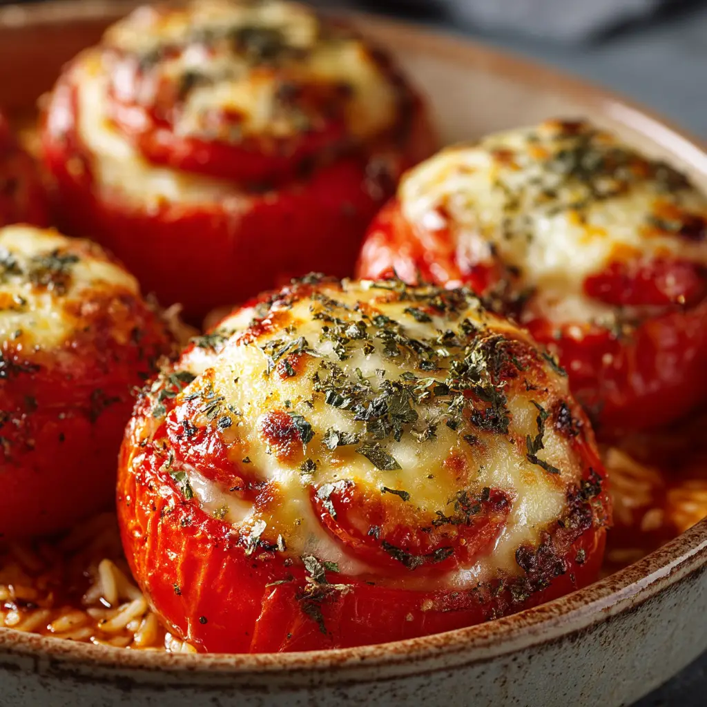 A side view of baked tomatoes stuffed with cheese and herbs, showing the tender tomato holding its shape after baking.