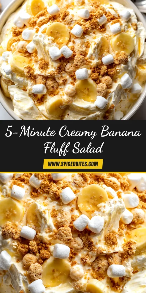 A large glass bowl of creamy Banana Pudding Fluff Salad, garnished with vanilla wafers and fresh banana slices. The perfect easy, no-bake dessert for a potluck.